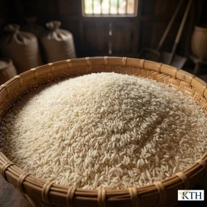 Thúng gạo nếp trắng An Giang vụ Đông Xuân đầy ắp. Hạt gạo mẩy, đều, là nông sản chủ lực của vùng Đồng bằng sông Cửu Long.