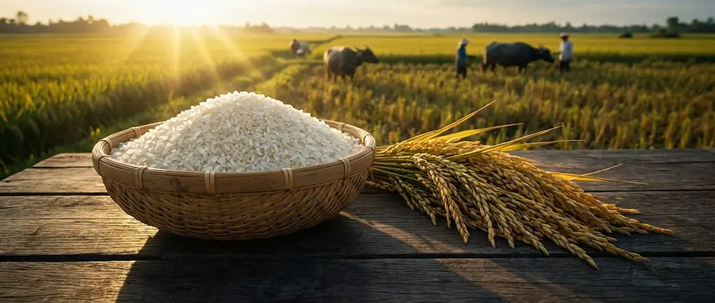 Hình ảnh rổ gạo ST25 trắng ngần đặt trên bàn gỗ giữa cánh đồng lúa chín vàng tại Miền Tây, thể hiện sự kết tinh của đất trời trong từng hạt gạo Gạo Ngon KTH.