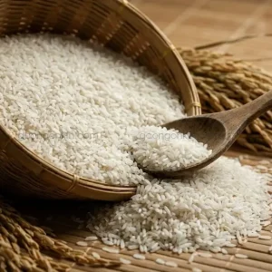 Tĩnh vật gạo trong giỏ tre, thìa gỗ và bông lúa trên chiếu, ánh sáng bên làm nổi bật kết cấu mộc mạc, phong cách Annie Leibovitz.