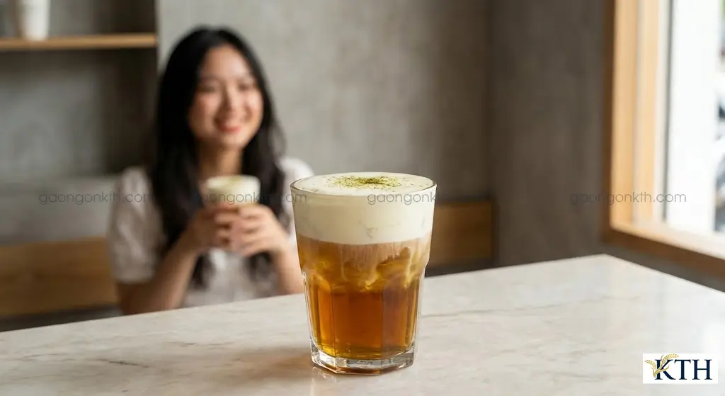 Cốc trà sữa gạo rang kem cheese macchiato phân tầng đẹp mắt với lớp foam phô mai béo ngậy phía trên và bột matcha trang trí.