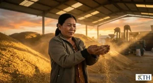 CEO Gạo Ngon KTH kiểm tra chất lượng trấu tươi (trấu xá) tại kho bãi lớn ở Đồng bằng sông Cửu Long.