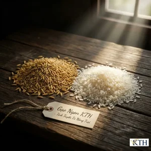 Hình ảnh so sánh chất lượng hạt lúa vàng nguyên vỏ và gạo trắng OM18 thành phẩm đã qua xát trắng của Gạo Ngon KTH trên nền gỗ tối màu.