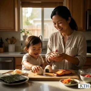 Người mẹ Việt Nam đang dùng cơm gạo Japonica dẻo để làm cơm nắm Onigiri và chuẩn bị hộp cơm bento cho con.