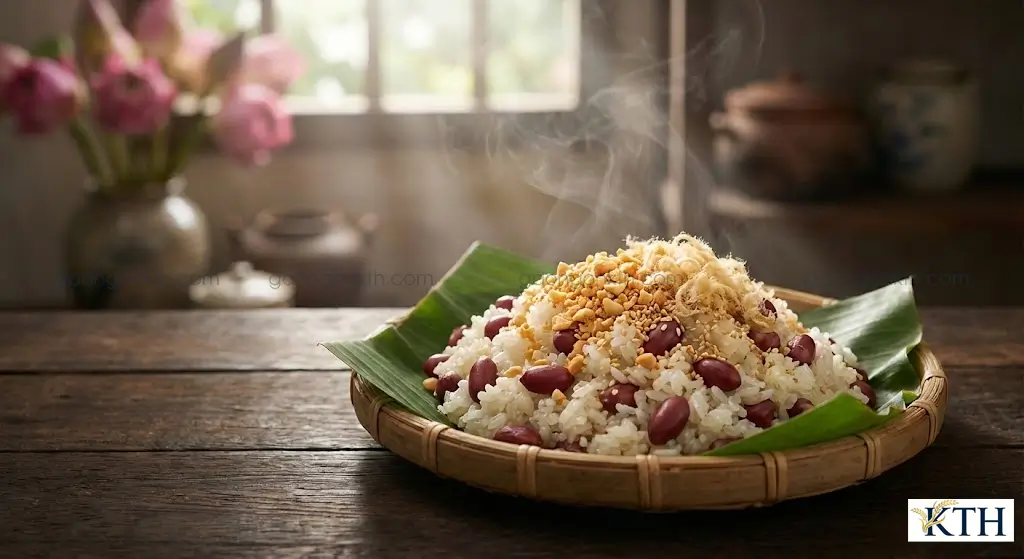 Bát xôi lạc nóng hổi gói lá chuối với gạo nếp cái hoa vàng và lạc đỏ, rắc muối vừng thơm ngon cho bữa sáng.