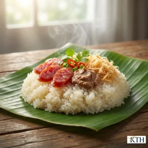 Xôi mặn nấu từ nếp sáp ngỗng có độ dẻo cao hạt bóng mượt ăn kèm lạp xưởng và chà bông.