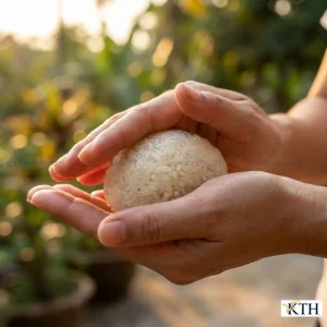 Nắm xôi nếp Lào dẻo thơm trên tay người phụ nữ không bị dính da tay.