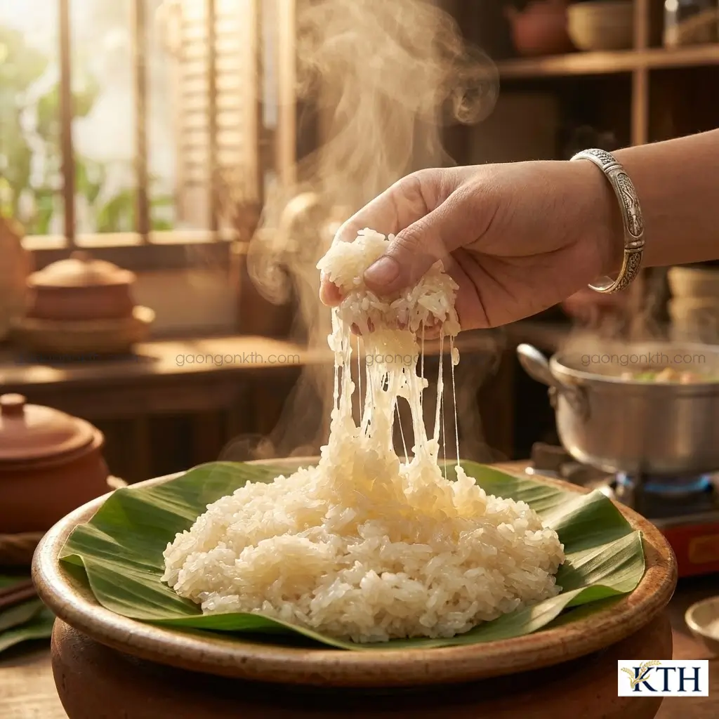 Đĩa xôi nếp nhung nấu chín dẻo thơm bốc hơi nóng trên lá chuối thể hiện độ kết dính cao của amylopectin.