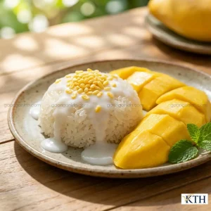 Món xôi xoài làm từ gạo nếp Lào tơi xốp rưới nước cốt dừa béo ngậy.