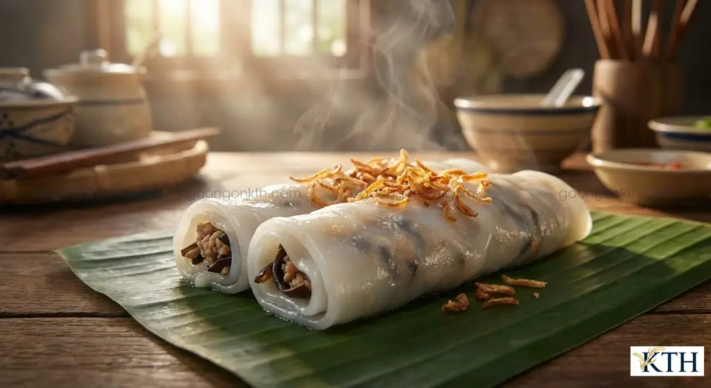 Đĩa bánh cuốn nóng tráng mỏng tang, trắng trong từ gạo Khang Dân cũ nở xốp mềm, nhân thịt mộc nhĩ, hành phi.