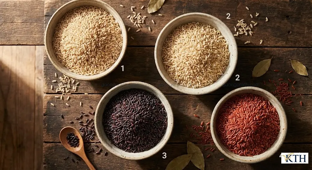 Hình ảnh so sánh 4 loại gạo dinh dưỡng phổ biến: gạo lứt, gạo mầm vibigaba, gạo tím than và gạo huyết rồng.