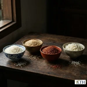 Các loại gạo an toàn không chứa gluten bao gồm gạo trắng, gạo lứt, gạo huyết rồng và gạo nếp được bày trong bát gốm.