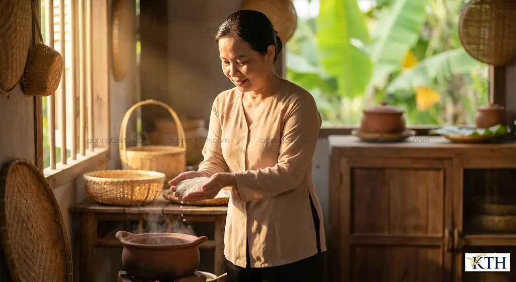 Chuyên gia đang kiểm tra chất lượng hạt gạo ST25 trắng trong, dẻo thơm trong không gian bếp Việt, minh họa cho cẩm nang giải đáp 99 câu hỏi về cách chọn mua, bảo quản và nấu cơm ngon nhất thế giới.