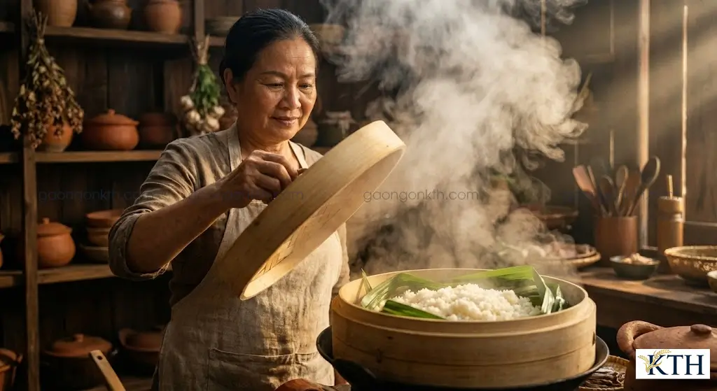 Cách hấp cơm tấm bằng xửng tre với lá dứa để hạt cơm tơi xốp và không bị nhão.