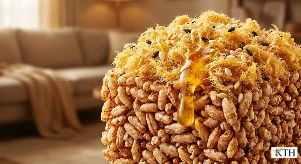 Cận cảnh bánh gạo lứt chà bông sấy giòn rụm với lớp sốt mật ong và mè rang thơm ngon.