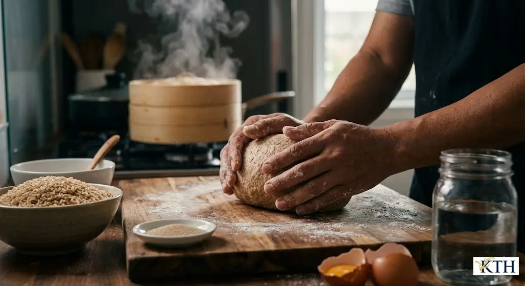 Quy trình nhào bột làm bánh mì và bánh bao gạo lứt nguyên cám tại nhà đơn giản và sạch sẽ.