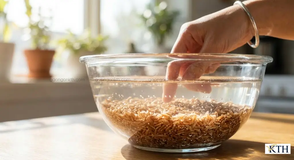 Ngâm gạo lứt trong nước ấm để kích hoạt mầm GABA giúp cơm mềm và dinh dưỡng hơn.