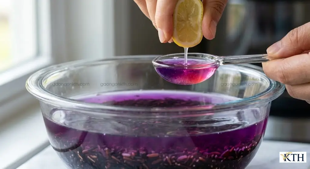 Kiểm tra gạo lứt đen thật giả bằng nước chanh phản ứng màu Anthocyanin.