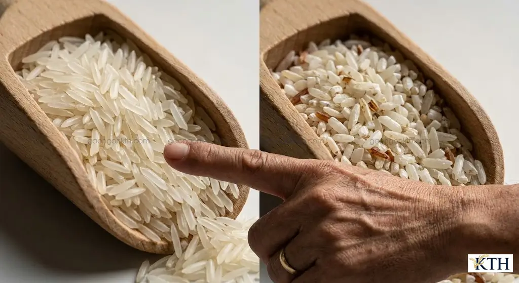 So sánh chi tiết cách phân biệt gạo ST25 thật và gạo đấu trộn giả kém chất lượng với hạt gạo bị gãy, bạc bụng và không đồng đều.