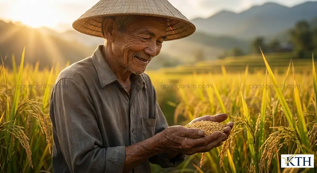 Nông dân Việt Nam đang kiểm tra năng suất lúa thực thu trên cánh đồng chín vàng chuẩn bị thu hoạch.