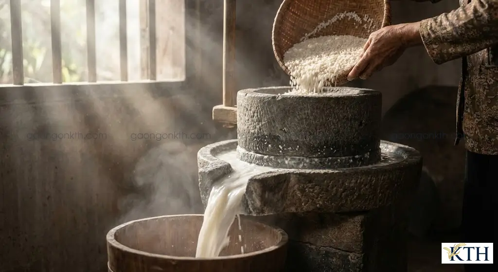 Quy trình xay bột gạo nước làm bánh cuốn bằng cối đá giúp bột mịn, giữ hương vị, sử dụng gạo tẻ khô ngâm đủ nước.