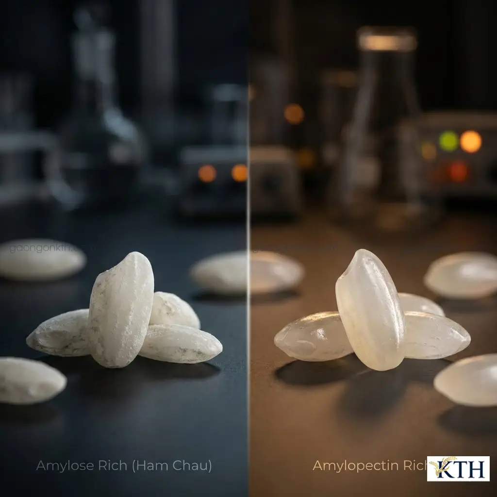 So sánh cấu trúc tinh bột Amylose trong gạo Hàm Châu và Amylopectin trong gạo nếp dẻo.