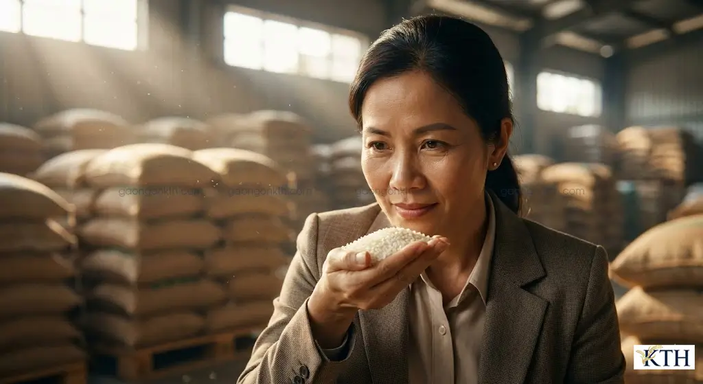CEO Gạo Ngon KTH Đỗ Thị Nga Xô đang kiểm tra chất lượng gạo giá sỉ tại kho gạo TP.HCM, đảm bảo nguồn hàng ổn định cho đại lý.