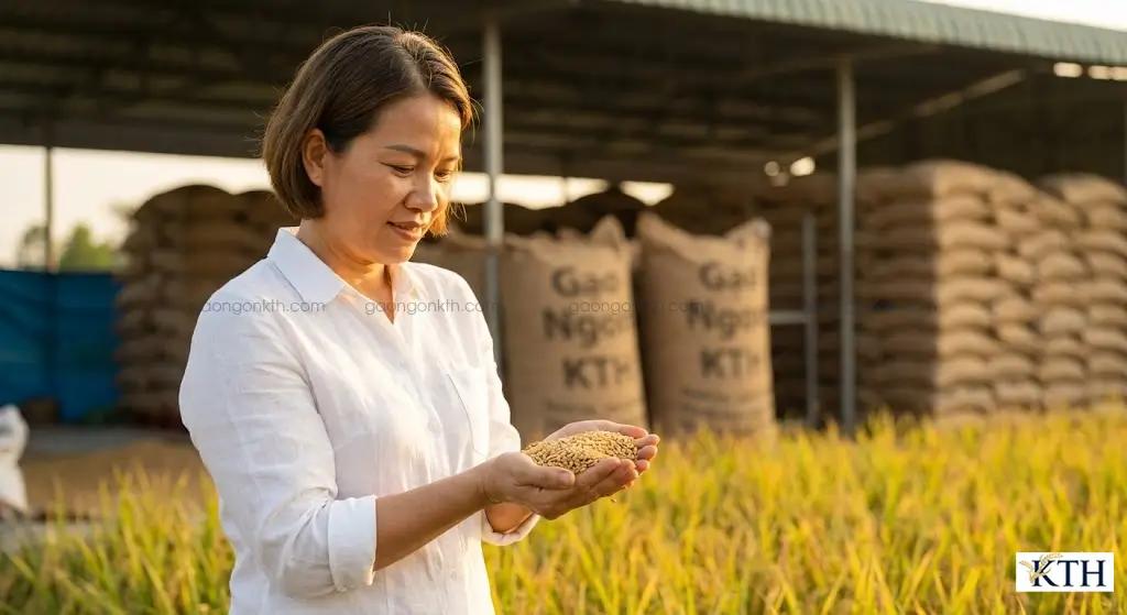 Chuyên gia Đỗ Thị Nga Xô của Gạo Ngon KTH đang kiểm tra chất lượng hạt gạo, tư vấn gạo sạch cho người tiểu đường tại TP.HCM.