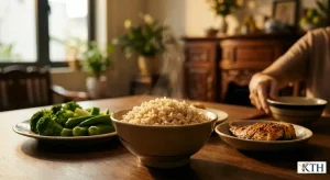 Bát cơm gạo mầm Vibigaba nấu chín dẻo thơm trên mâm cơm người tiểu đường, kết hợp cùng rau xanh và cá giúp ổn định đường huyết.