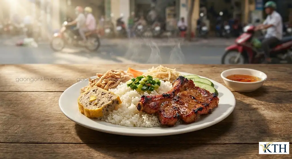 Đĩa cơm tấm sườn bì chả Sài Gòn thơm ngon với hạt gạo tấm nở xốp và nước mắm kẹo đậm đà.