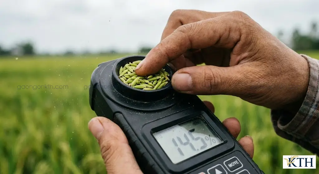Kỹ sư nông nghiệp đo độ ẩm lúa tươi bằng máy đo chuyên dụng để áp dụng công thức quy đổi độ ẩm chuẩn 14%.