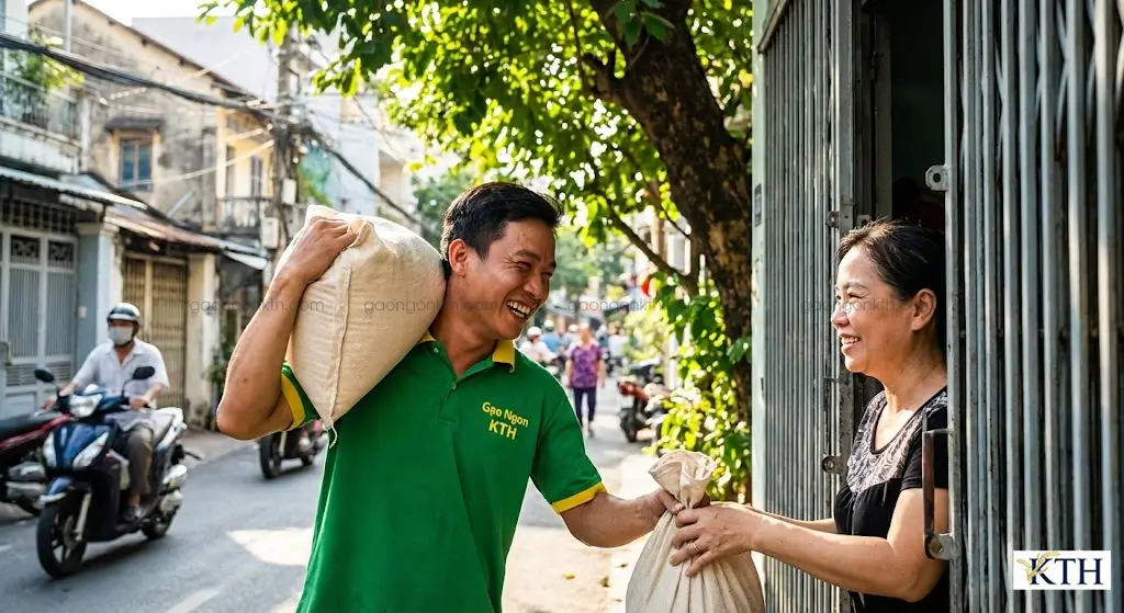 Nhân viên Gạo Ngon KTH giao gạo tận nhà miễn phí cho khách hàng tại Gò Vấp và các quận trung tâm TPHCM, phục vụ chuyên nghiệp.
