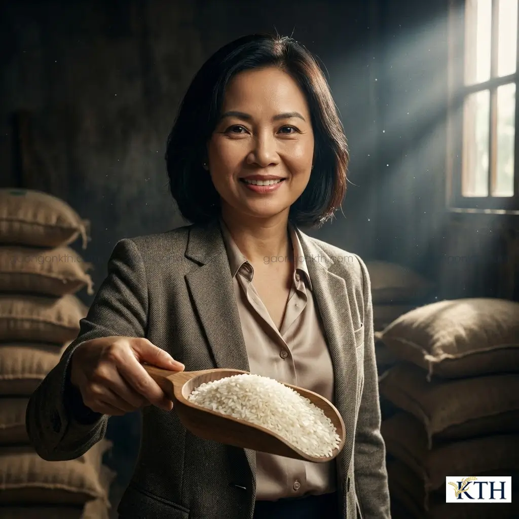 CEO Gạo Ngon KTH đang kiểm tra chất lượng gạo trắng sạch, khẳng định gạo tự nhiên không chứa gluten an toàn cho người bệnh Celiac