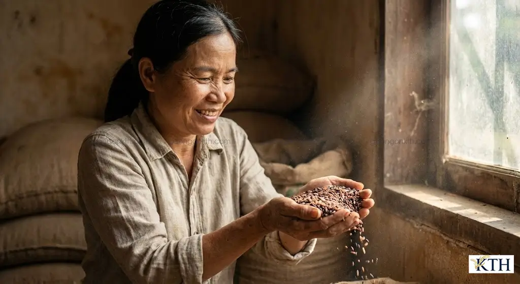 Chuyên gia Đỗ Thị Nga Xô đang kiểm tra chất lượng gạo dinh dưỡng gạo lứt và gạo tím than hỗ trợ sức khỏe.