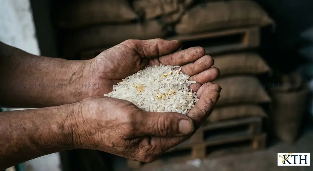 Cận cảnh hạt gạo Khang Dân 18 cũ, hạt thon nhỏ, khô cơm, đặc tính gạo nở xốp chuyên dùng để xay bột bánh cuốn.