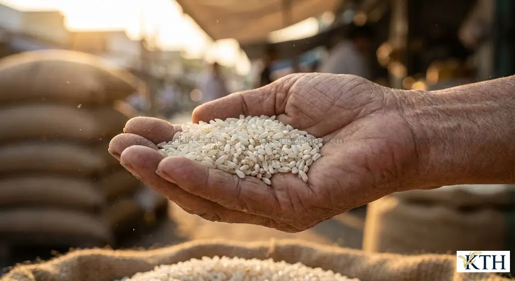 Cận cảnh hạt gạo Khang Dân cũ chuyên làm bún có màu trắng đục và độ khô đạt chuẩn.