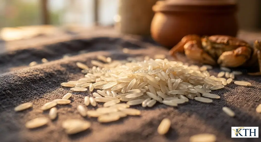 Gạo Khang Dân hạt nhỏ thon dài làm bánh đa cua Hải Phòng dai ngon không bị nát.