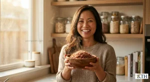 Bát cơm gạo lứt đỏ giảm cân trên tay người phụ nữ có vóc dáng thon gọn.