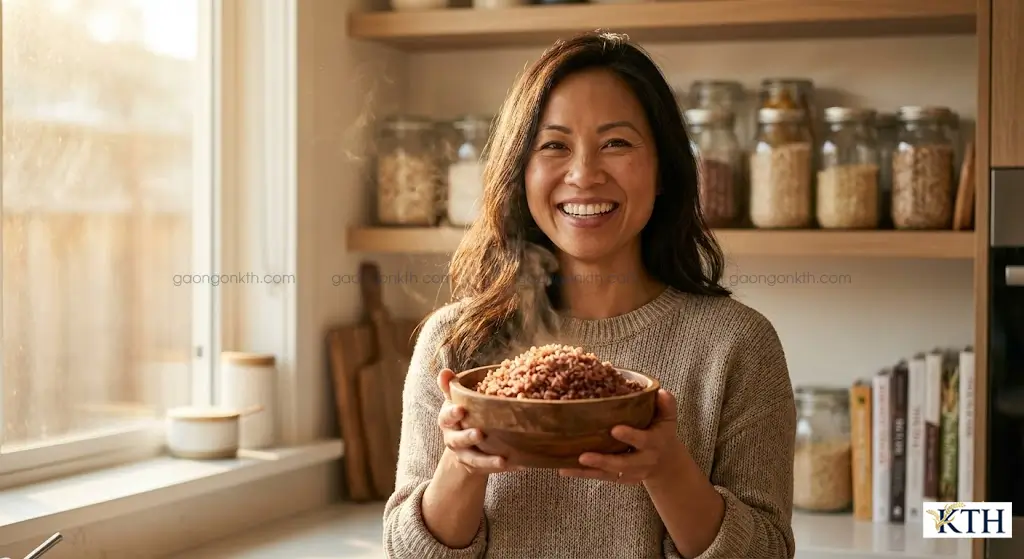 Bát cơm gạo lứt đỏ giảm cân trên tay người phụ nữ có vóc dáng thon gọn.