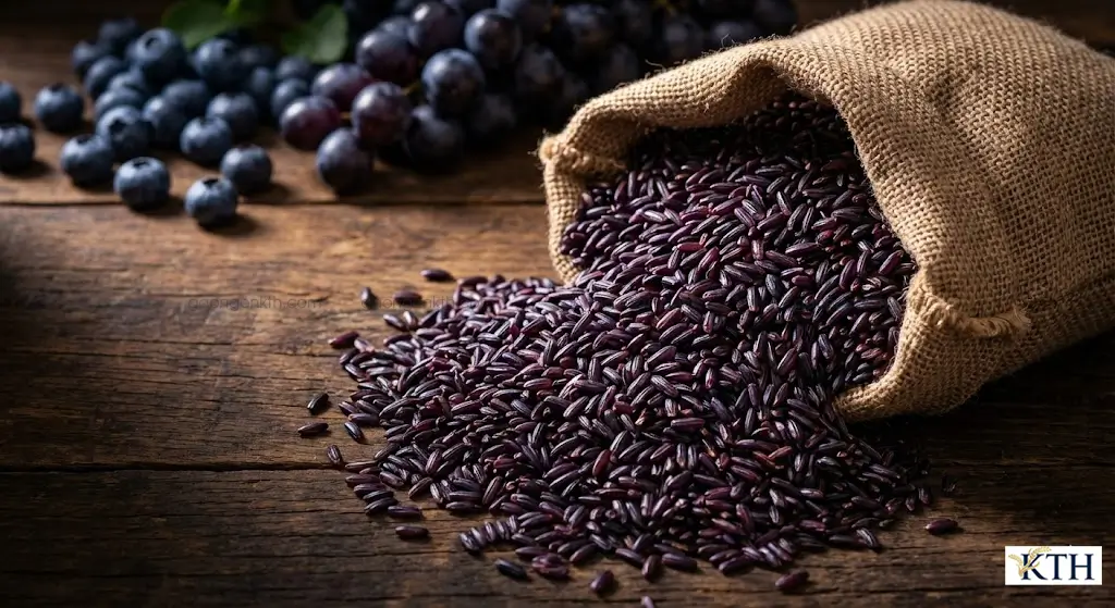 Hạt gạo lứt tím than Sóc Trăng nguyên cám, giàu chất chống oxy hóa Anthocyanin giúp ngăn ngừa biến chứng tim mạch cho người tiểu đường.