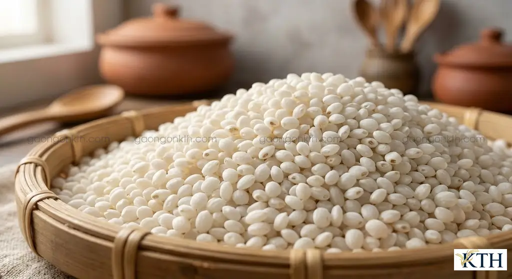 Gạo nếp cái hoa vàng hạt tròn mẩy, màu trắng đục - Bí quyết nấu xôi lạc dẻo rền không bị nát.