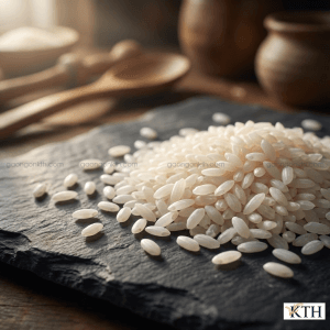 Ảnh chụp cận cảnh gạo nếp nhung dẻo thơm trên nền đá tối màu.