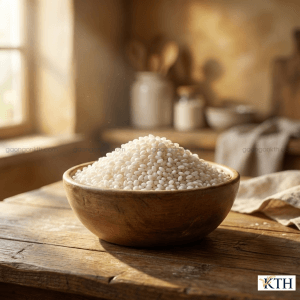 Cận cảnh hạt gạo nếp nhung to tròn, trắng đục trong bát gỗ mộc.