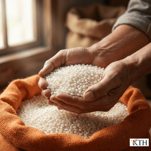 Hai bàn tay nâng niu hạt gạo nếp nhung Nam Định mới thu hoạch.