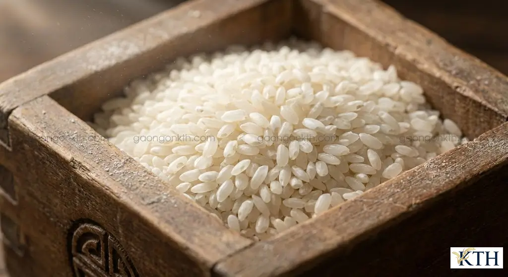 Hạt gạo Q5 ngắn màu trắng đục bạc bụng chuyên dùng làm bánh đa nướng độ nở cao.