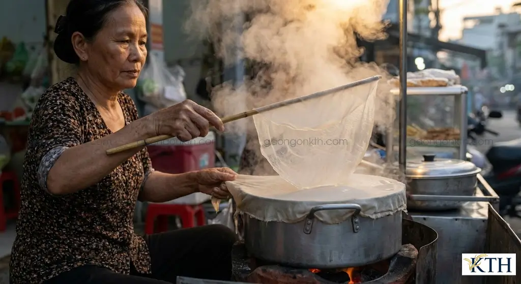 Kỹ thuật dùng que tre lấy bánh cuốn mỏng tang từ nồi tráng bánh cuốn, bột pha từ gạo Hàm Châu có độ dai tự nhiên.