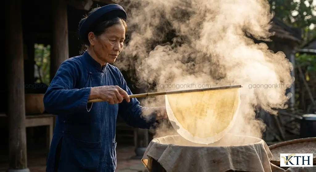Kỹ thuật dùng que tre lấy bánh tráng mỏng chín hơi trên nồi nước sôi