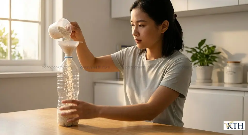 Hướng dẫn đóng gạo vào chai nhựa kín khí để tránh ẩm mốc và mọt xâm nhập.