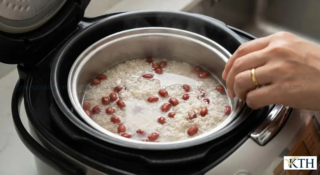 Cách đổ nước nấu xôi lạc bằng nồi cơm điện: Chỉ đổ xâm xấp mặt gạo để xôi không bị nhão.