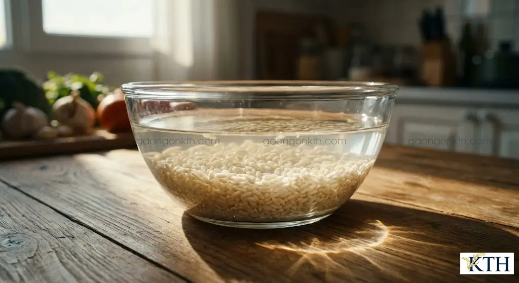 Ngâm gạo nếp với nước lạnh từ 6-8 tiếng để hạt gạo ngậm nước, giúp xôi chín đều và không bị sống.