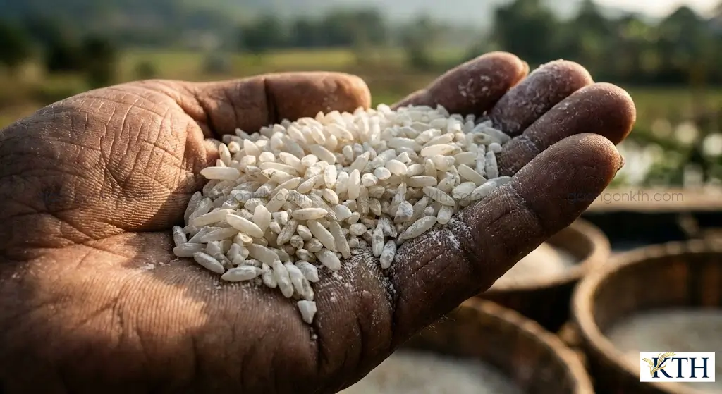 Phân biệt gạo cũ khô xốp có hàm lượng Amylose cao để làm bánh đa không bị nát.